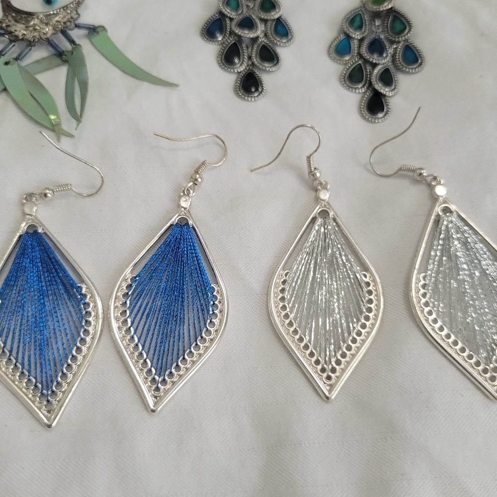 Lot of 5 Y2K Peacock Blue Turquoise Silver Toned Dangle Earrings Bundle - Picture 6 of 7